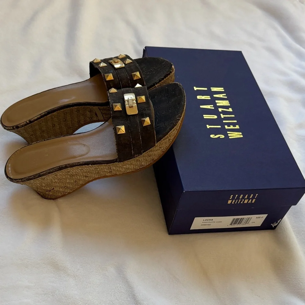 Stuart Weitzman Chocolate Cork Wedge Slide Sandals with Gold Studs - Picture 2 of 6
